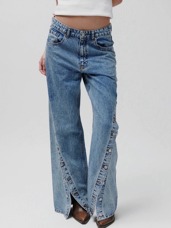 Day Birger Et Mikkelsen Denim - Day Birger et Mikkelsen western asymmetrical Light Blue Wide-Leg Snap-Trim Jeans